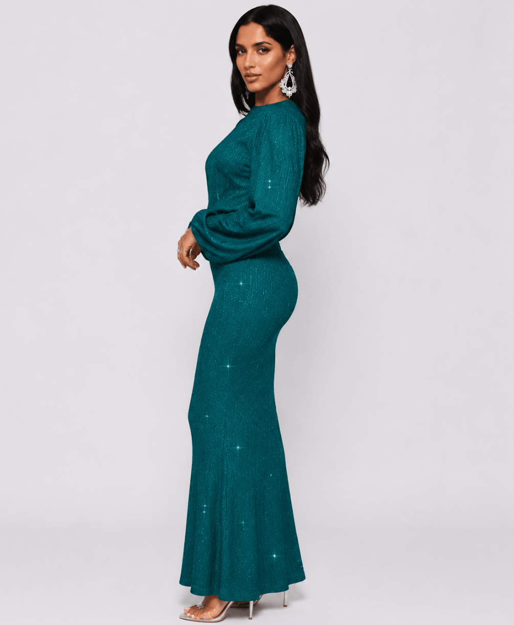 Women's Glitter Mermaid Maxi Dress – Long Lantern Sleeve Bishop Sleeve Sparkle Evening Gown, Emerald - Edin London