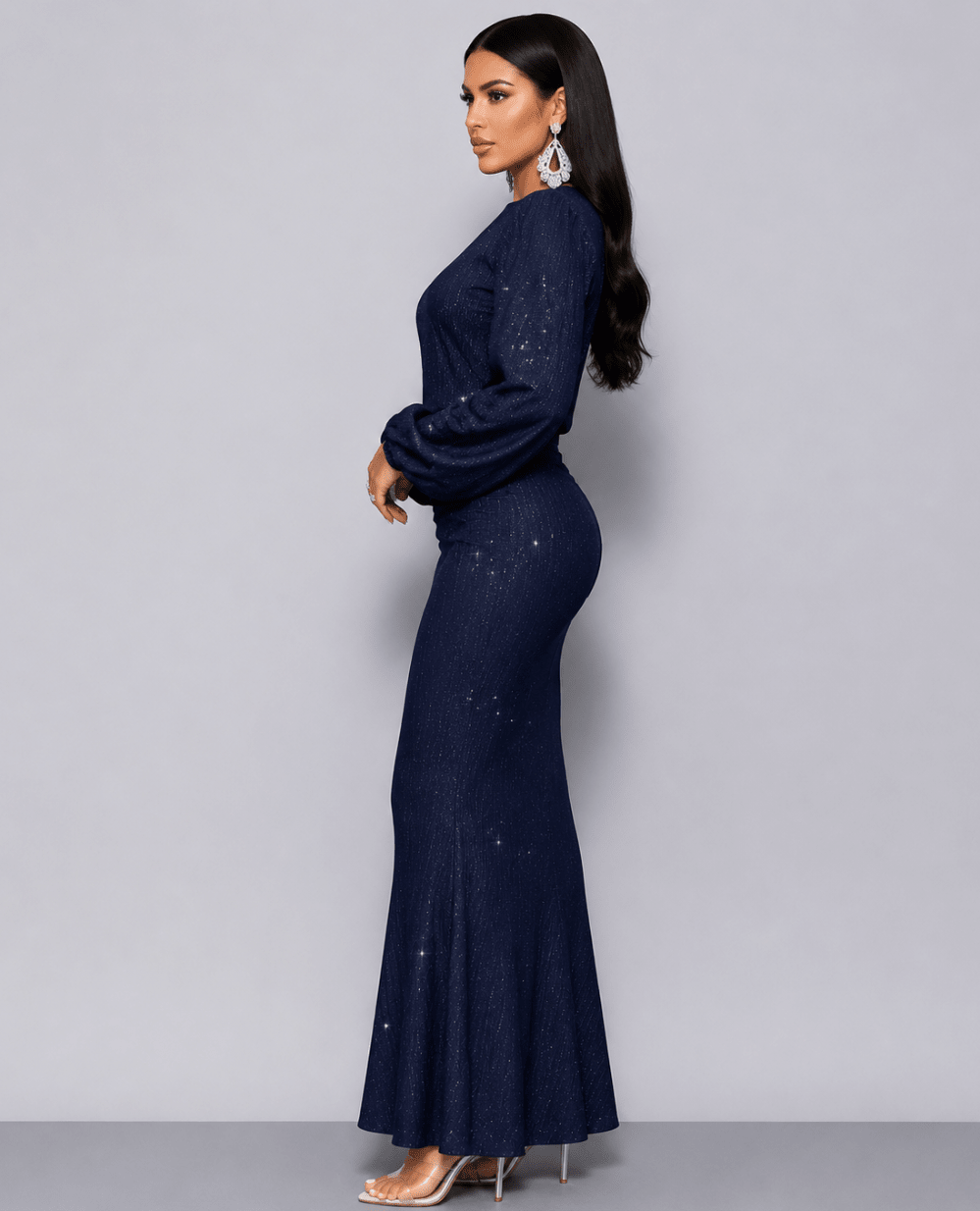 Women's Glitter Mermaid Maxi Dress – Long Lantern Sleeve Bishop Sleeve Sparkle Evening Gown, Emerald - Edin London