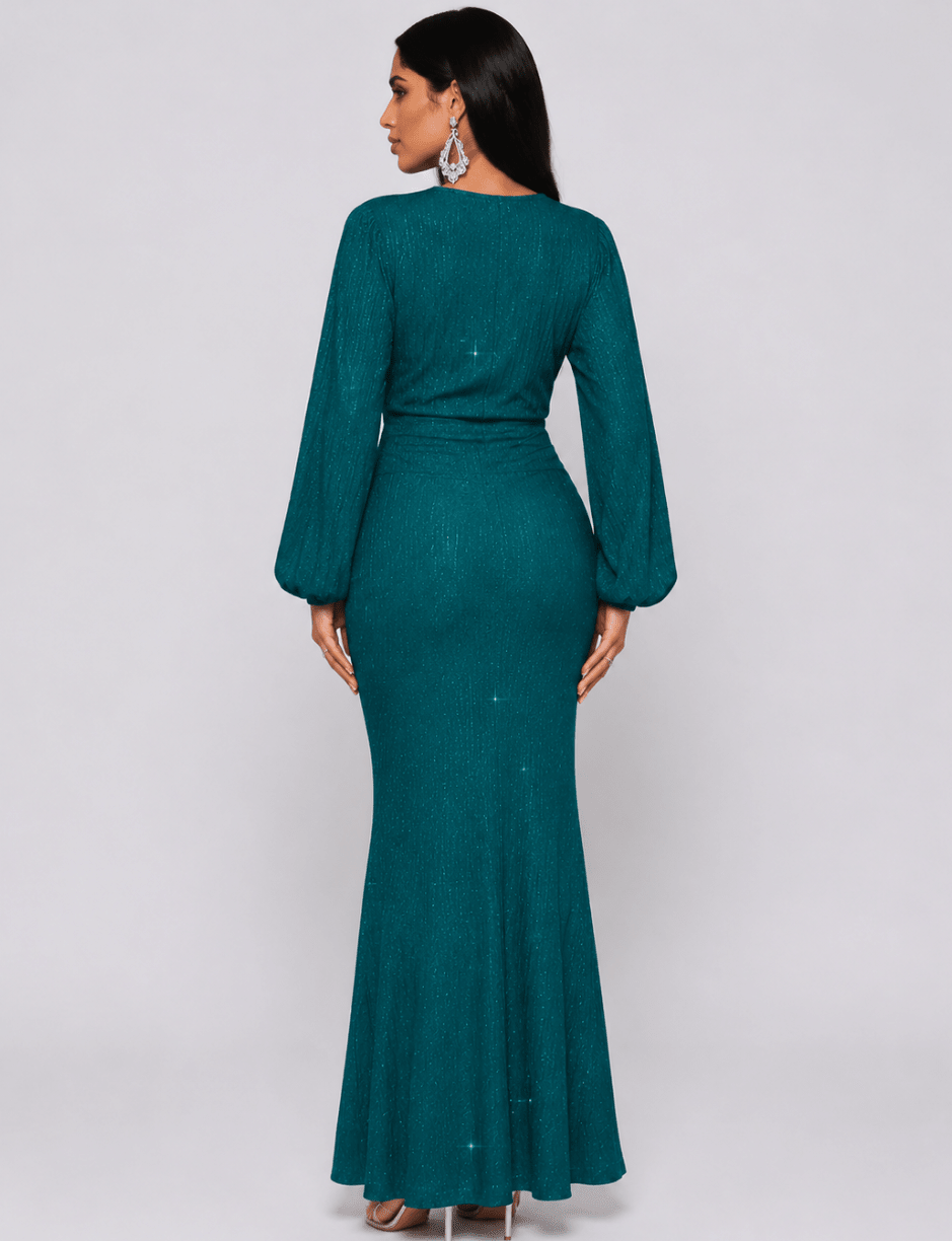 Women's Glitter Mermaid Maxi Dress – Long Lantern Sleeve Bishop Sleeve Sparkle Evening Gown, Emerald - Edin London