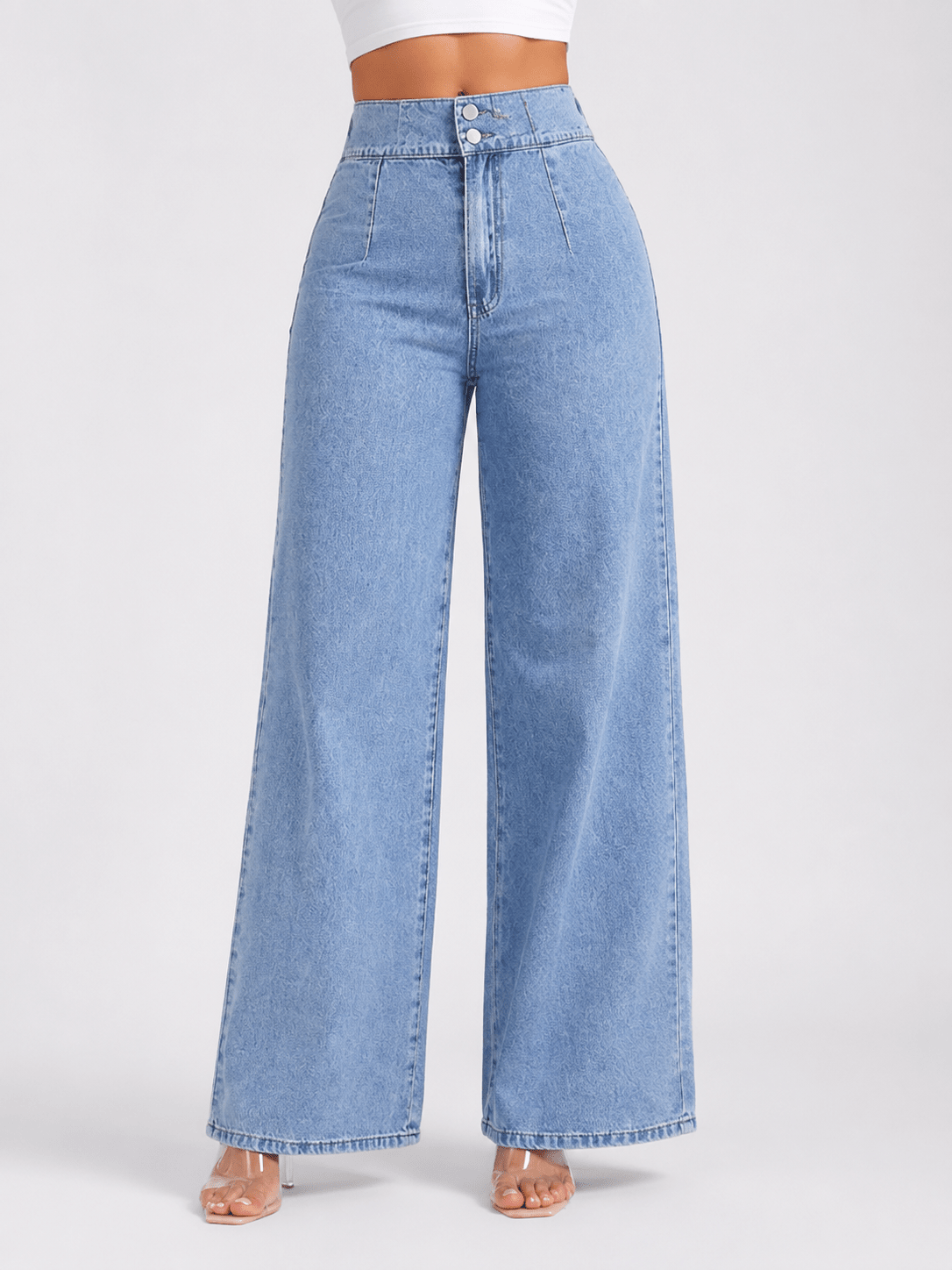 Women's High-Waist Straight-Leg Denim Jeans – Casual Double-Button Wide-Leg Cotton Stretch Trousers - Edin London