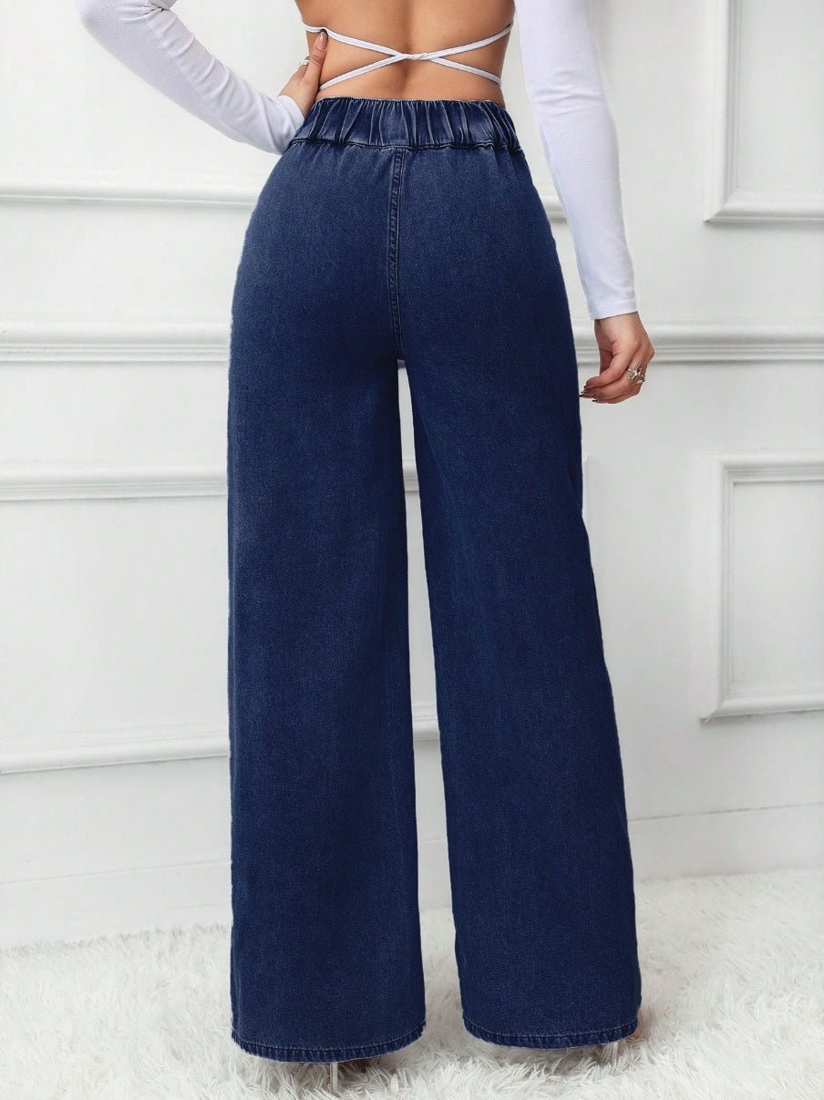 Women's High-Waist Straight-Leg Denim Jeans – Casual Double-Button Wide-Leg Cotton Stretch Trousers - Edin London