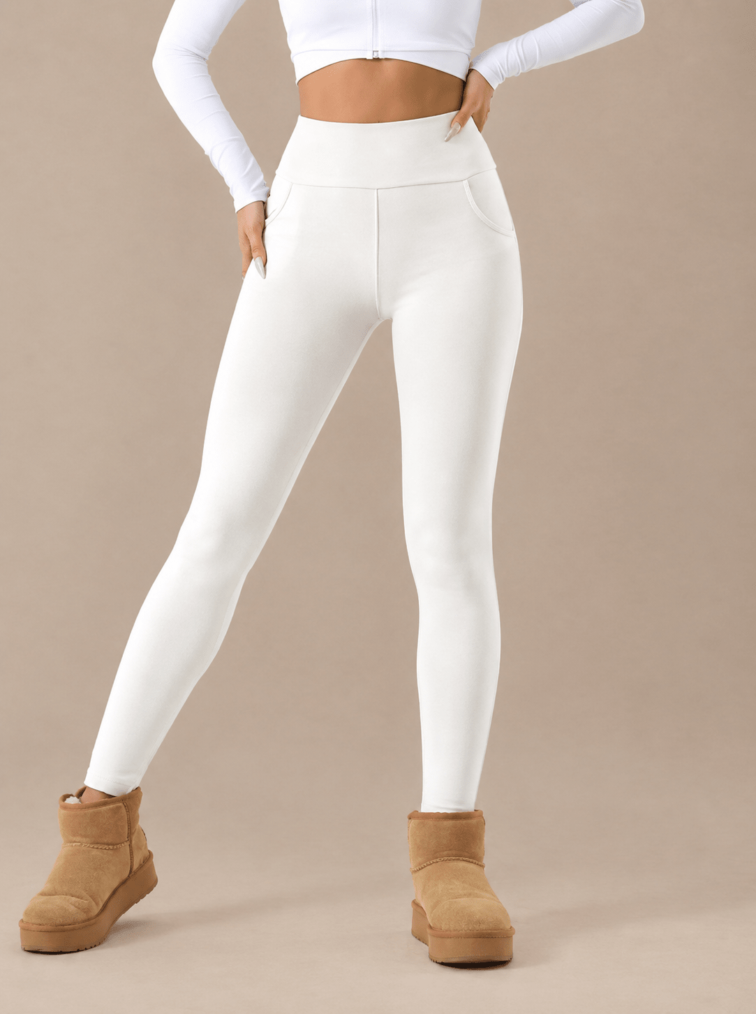Women’s High Waisted White Fleece-Lined Leggings Casual & Comfortable Fit - Edin London