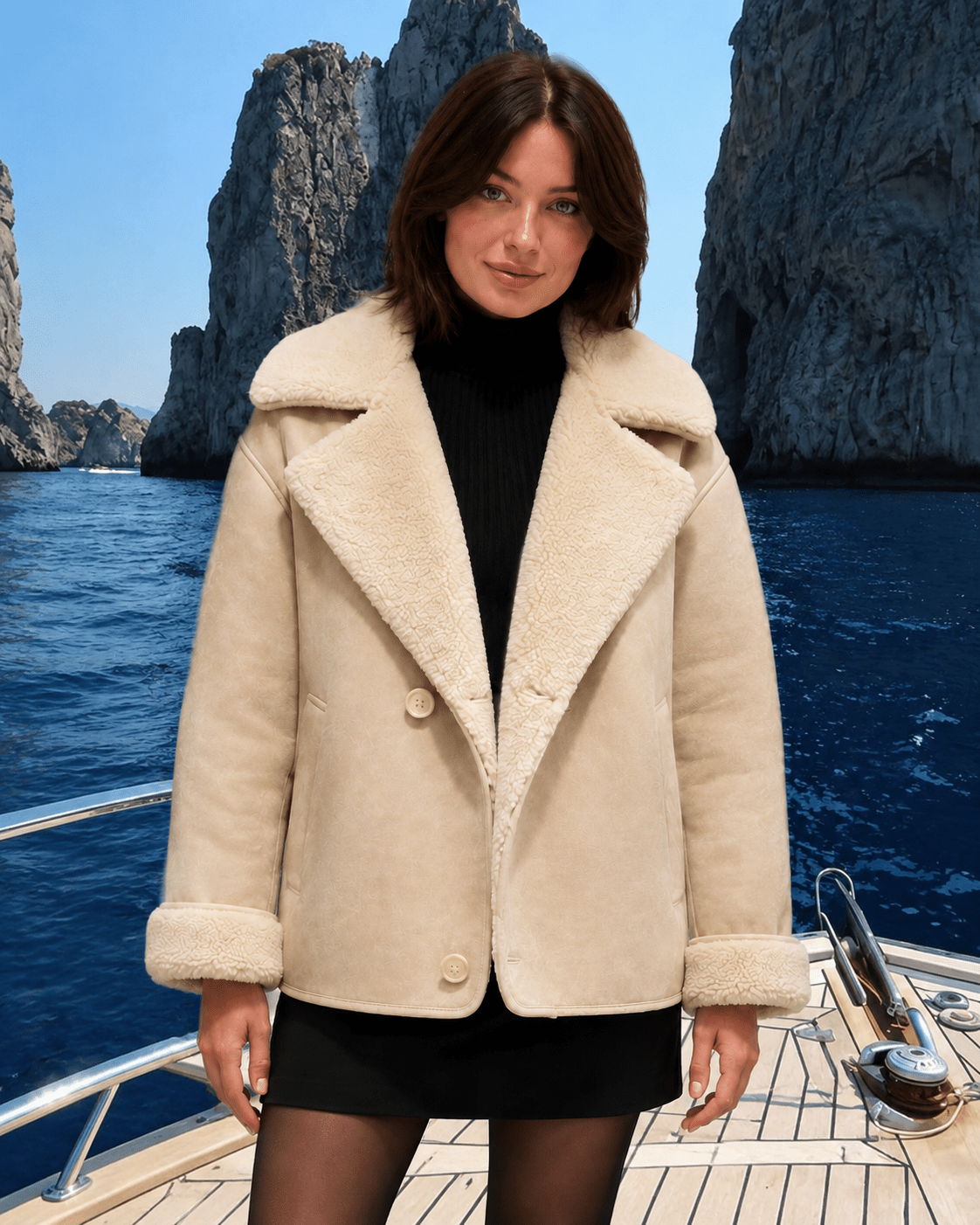 Women's Lapel Fur One-Piece Suede Fleece-Lined Warm Jacket - Edin London
