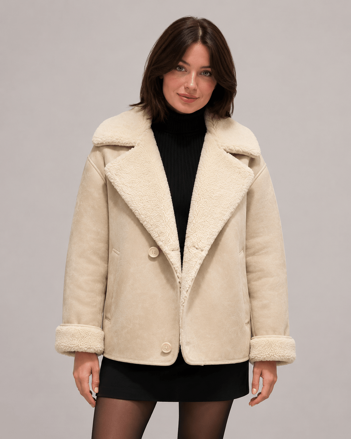 Women's Lapel Fur One-Piece Suede Fleece-Lined Warm Jacket - Edin London