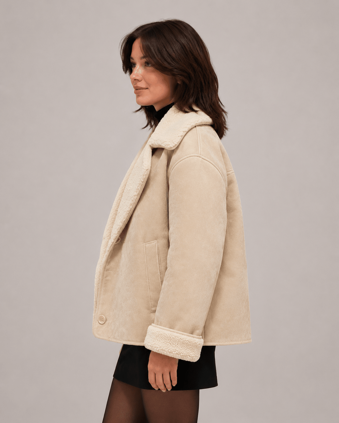 Women's Lapel Fur One-Piece Suede Fleece-Lined Warm Jacket - Edin London