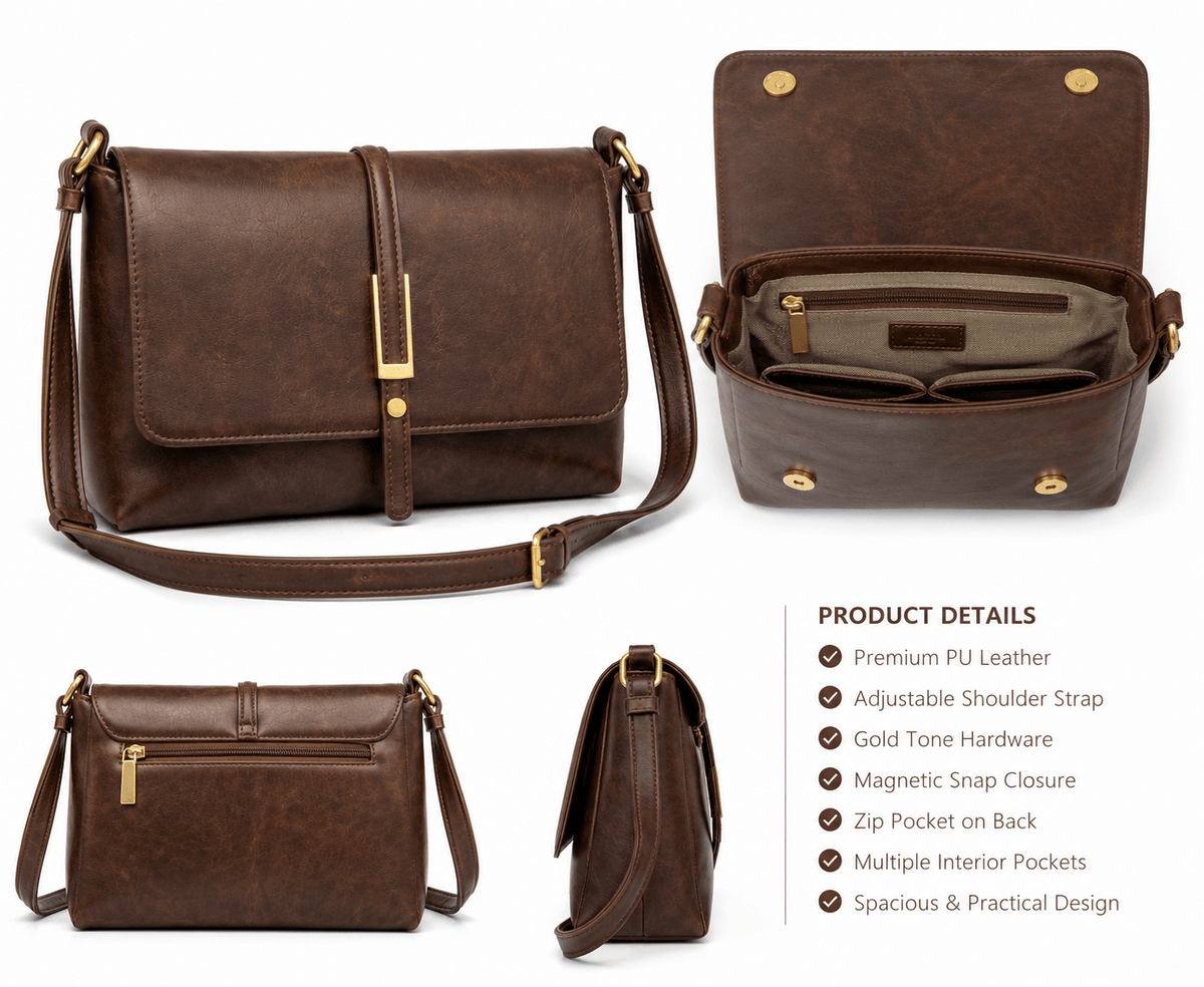 Women's Minimalist Square Flap Shoulder Bag Elegant PU Leather Crossbody Handbag for Work & Everyday Use - Edin London