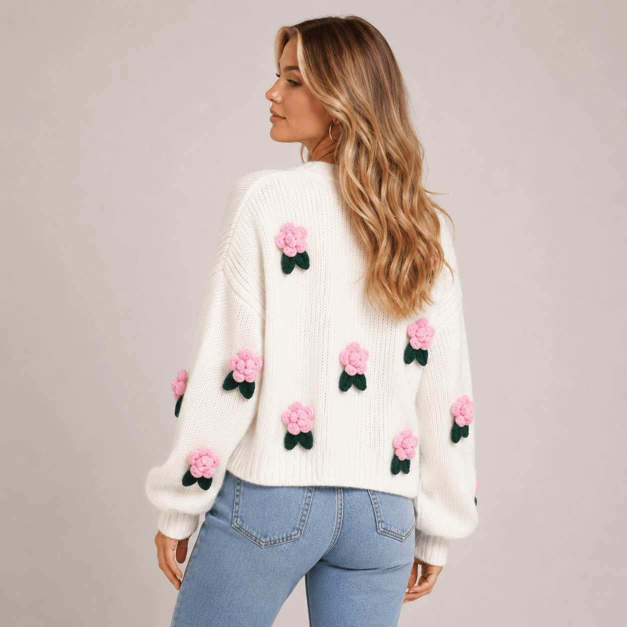 Women's New Sweet Style Stereo Flower Knitted Cardigan - Edin London
