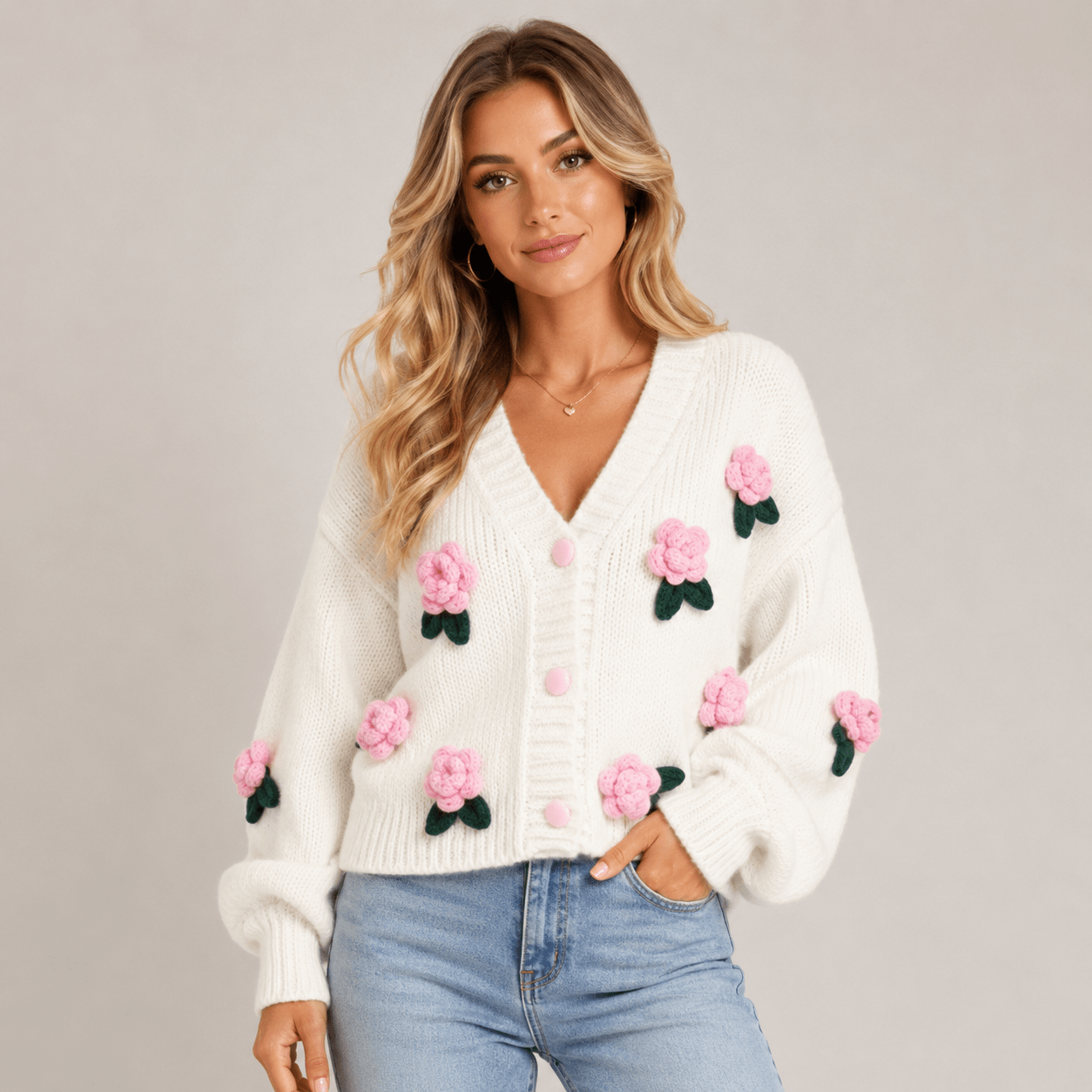 Women's New Sweet Style Stereo Flower Knitted Cardigan - Edin London