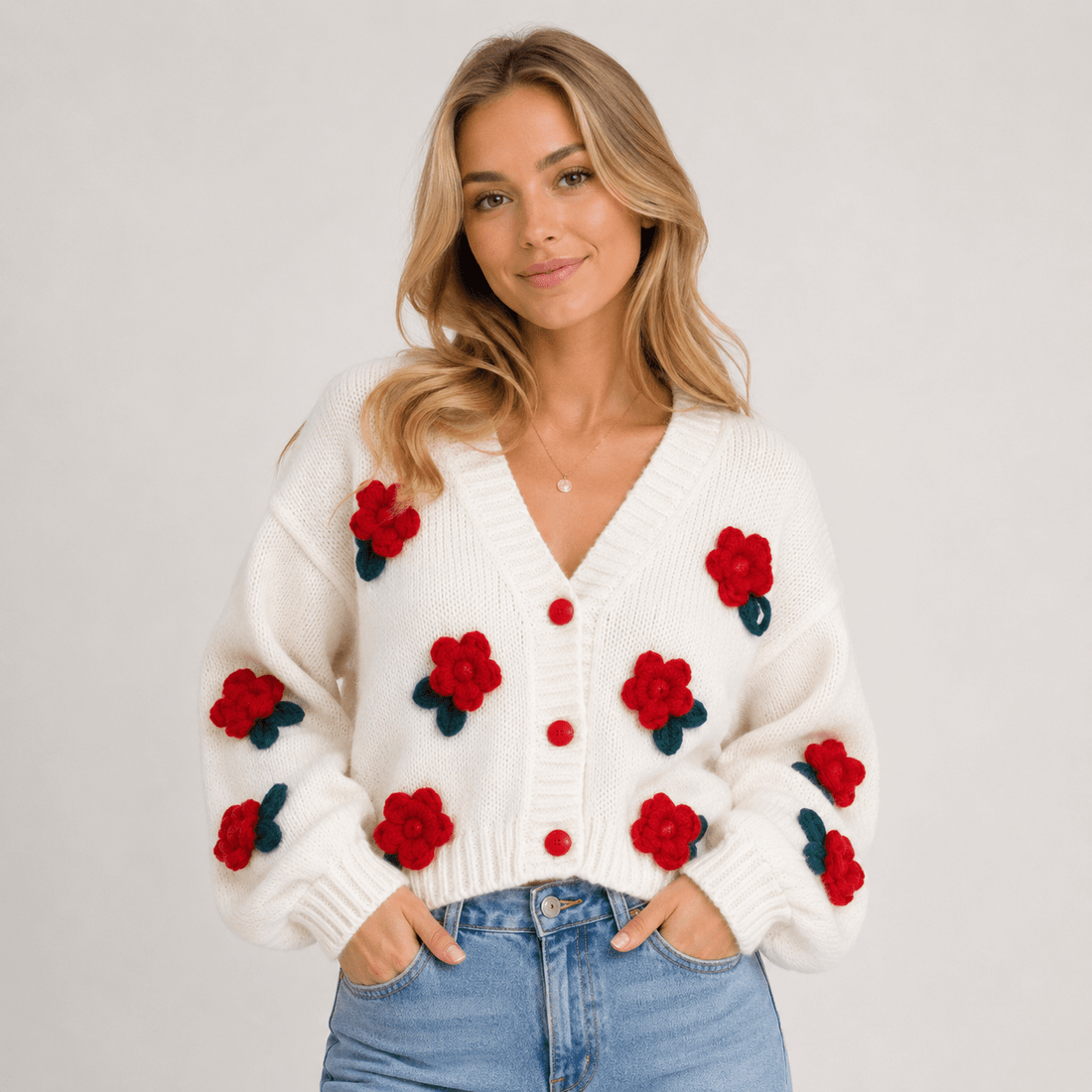 Women's New Sweet Style Stereo Flower Knitted Cardigan - Edin London