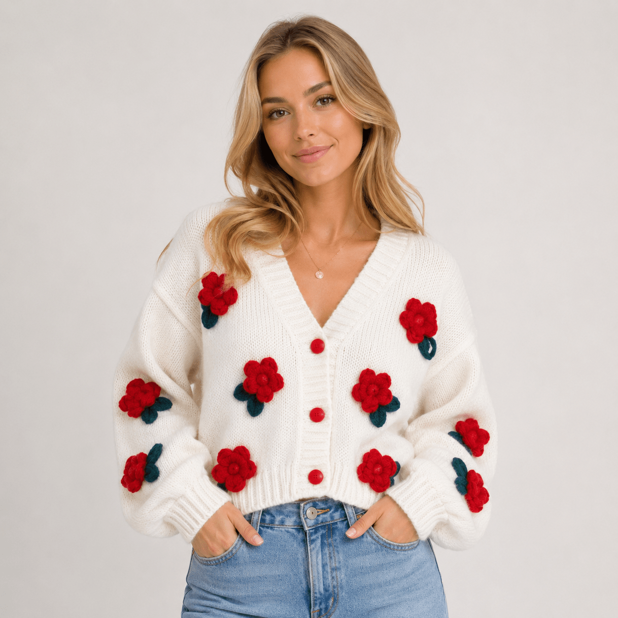 Women's New Sweet Style Stereo Flower Knitted Cardigan - Edin London
