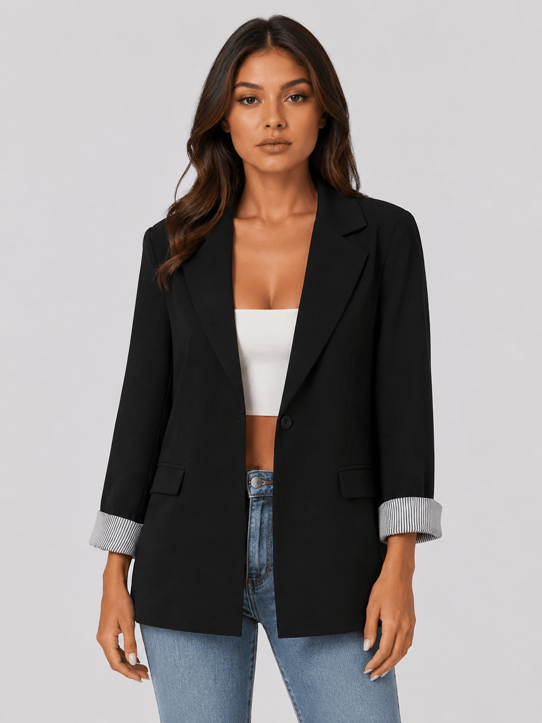 Women's Notched Lapel Blazer Classic Front Button Casual Office Jacket - Edin London