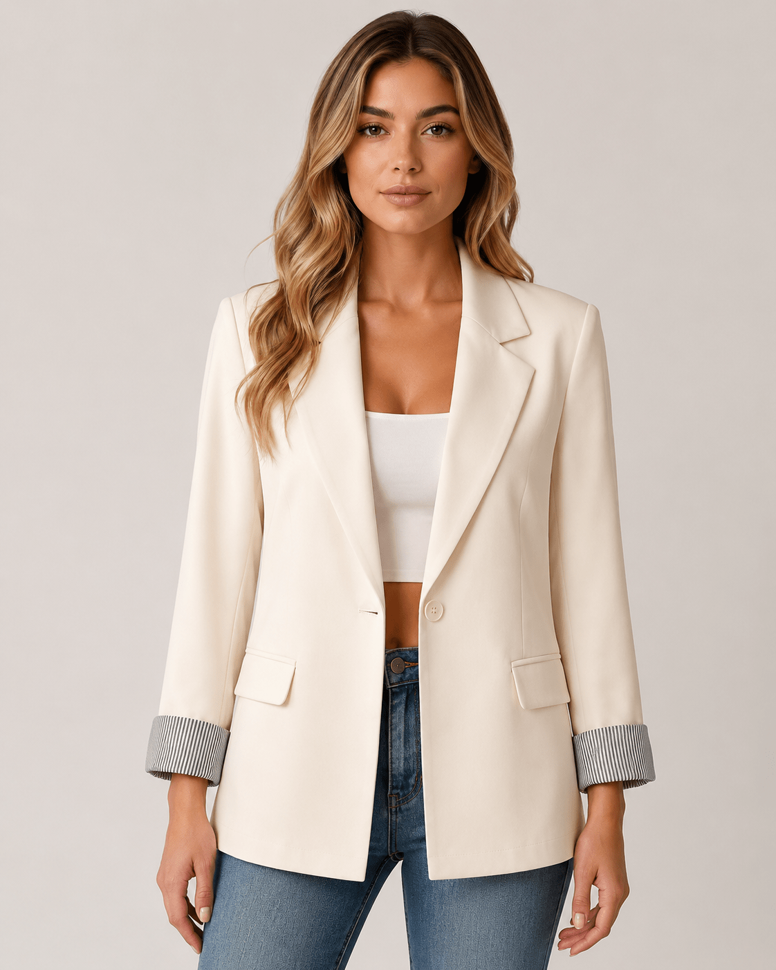 Women's Notched Lapel Blazer Classic Front Button Casual Office Jacket - Edin London