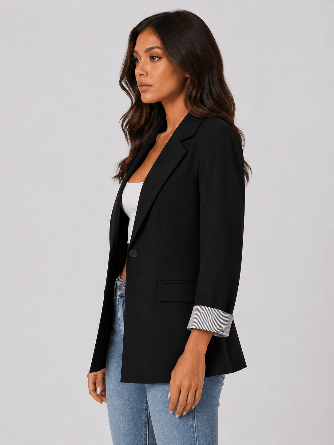 Women's Notched Lapel Blazer Classic Front Button Casual Office Jacket - Edin London