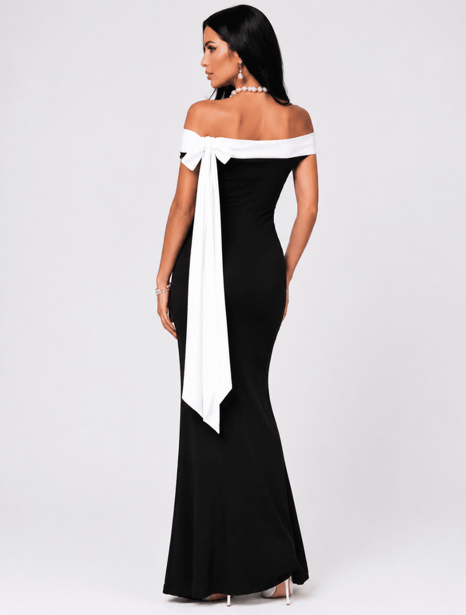 Women's Off Shoulder Bodycon Maxi Dress – Black and White Contrast Trim Evening Dress with Bow Sash - Edin London