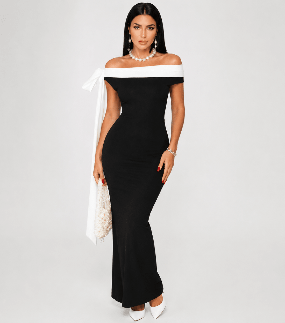 Women's Off Shoulder Bodycon Maxi Dress – Black and White Contrast Trim Evening Dress with Bow Sash - Edin London