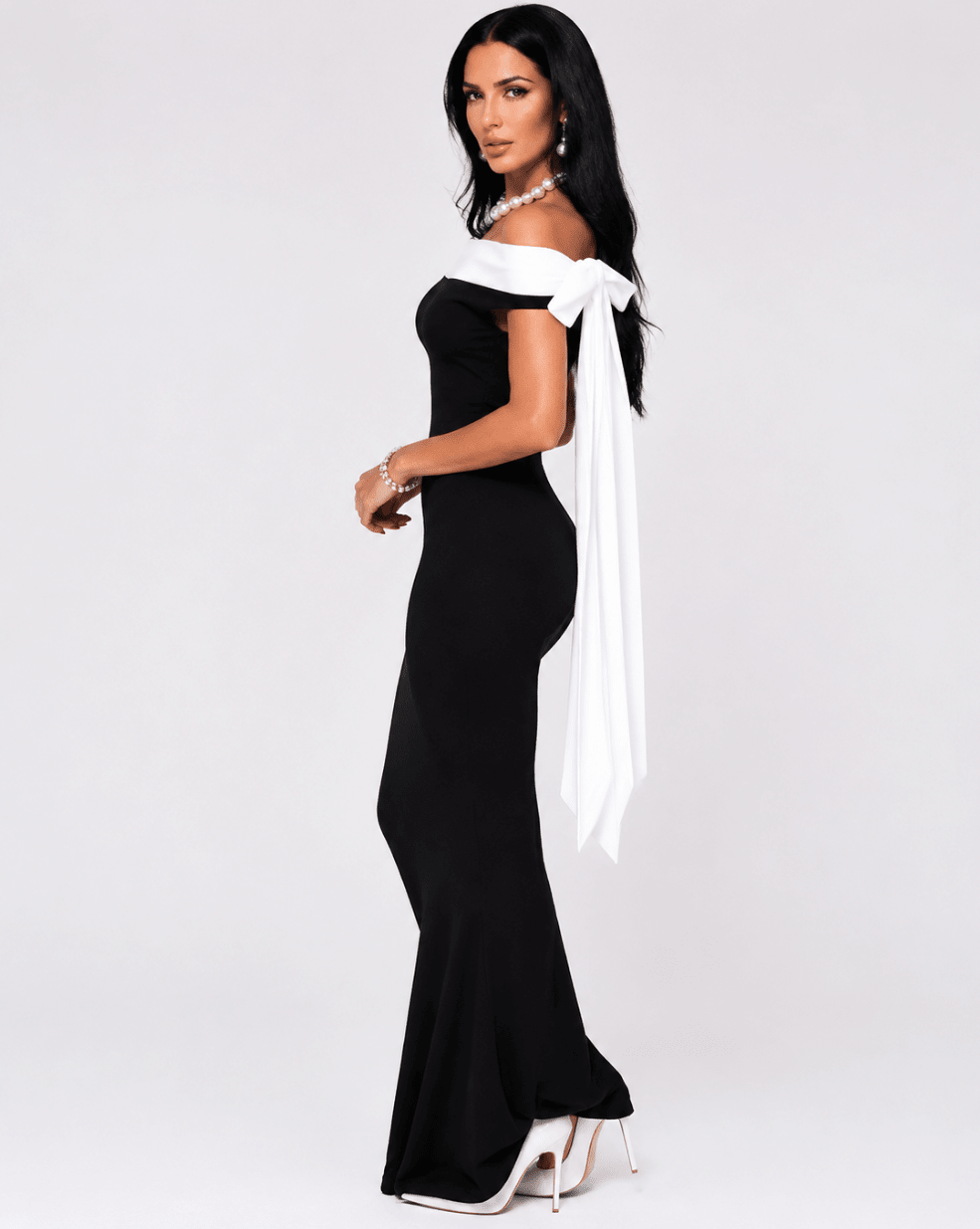 Women's Off Shoulder Bodycon Maxi Dress – Black and White Contrast Trim Evening Dress with Bow Sash - Edin London