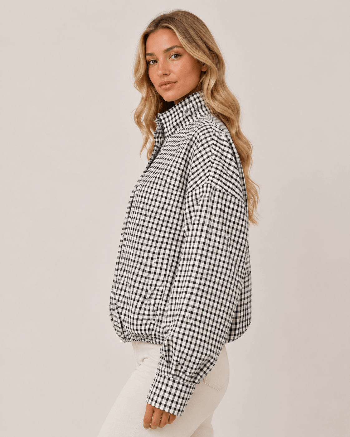 Women's Oversized Checkered Bomber Jacket Lightweight Zip-Up Casual Streetwear Coat - Edin London