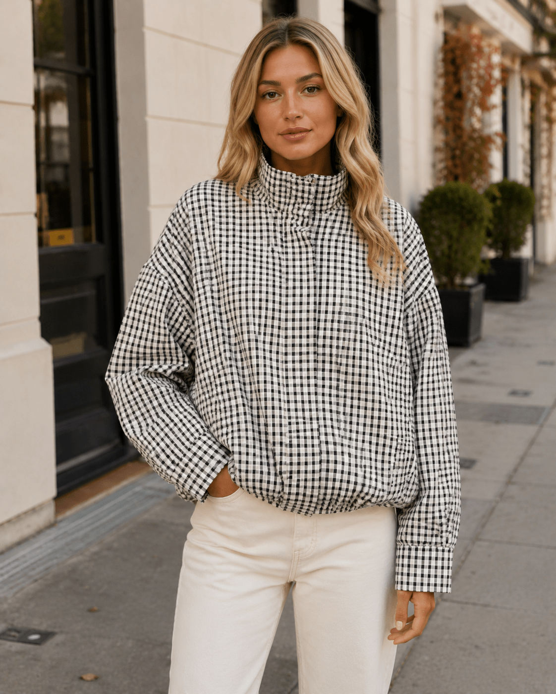 Women's Oversized Checkered Bomber Jacket Lightweight Zip-Up Casual Streetwear Coat - Edin London