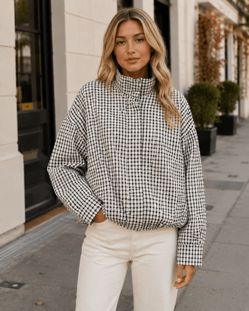 Women's Oversized Checkered Bomber Jacket Lightweight Zip-Up Casual Streetwear Coat - Edin London