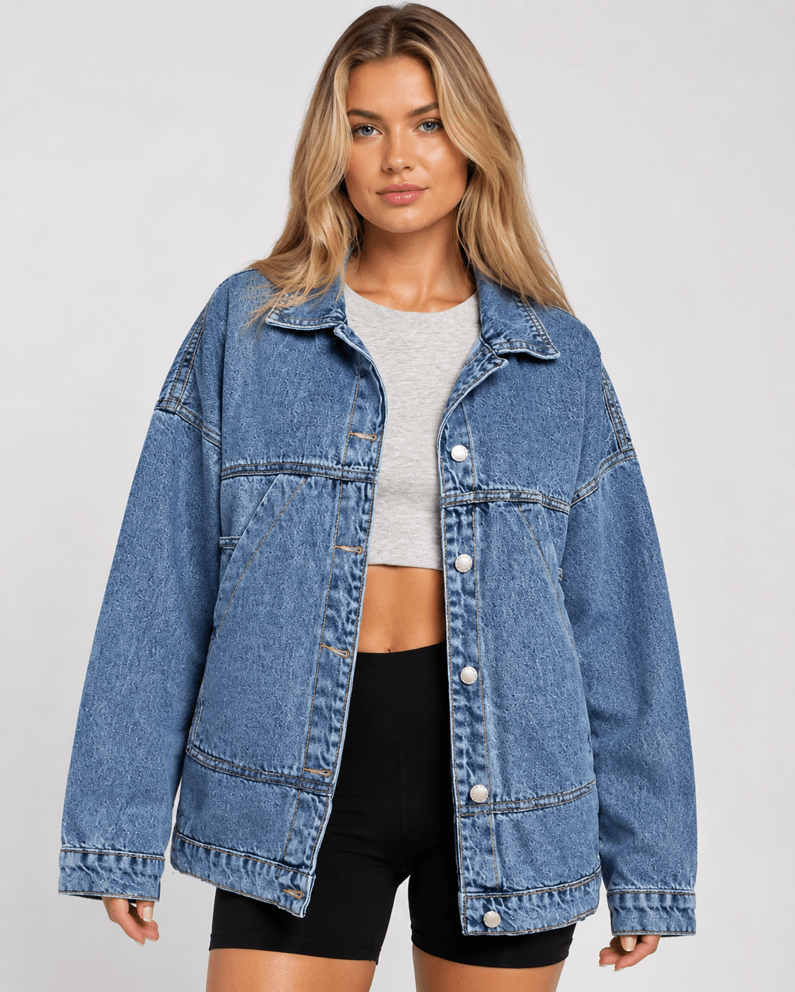 Women's Oversized Denim Shacket Jacket Button Front Long Sleeve Casual Washed Denim Overshirt with Pockets - Edin London