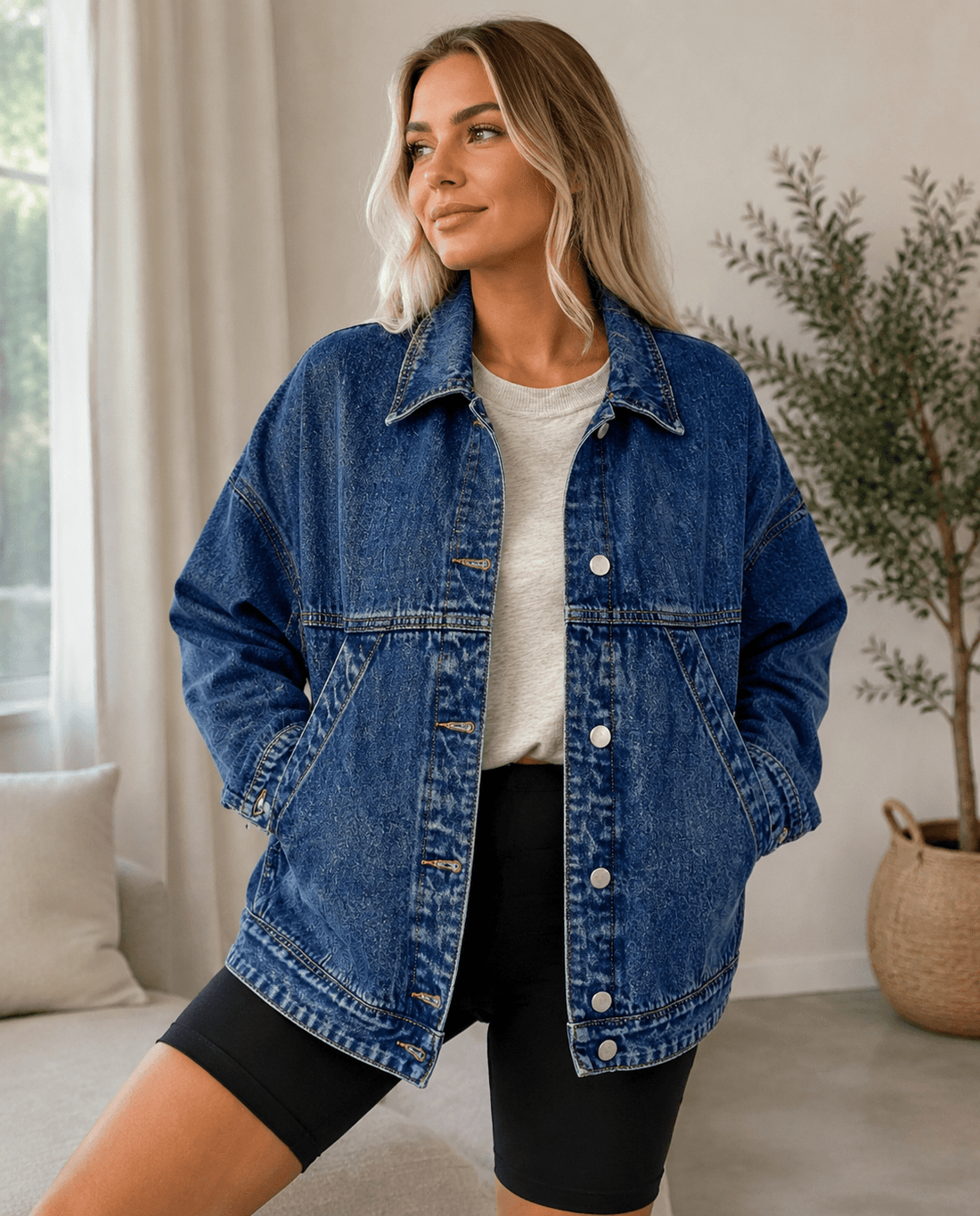 Women's Oversized Denim Shacket Jacket Button Front Long Sleeve Casual Washed Denim Overshirt with Pockets - Edin London