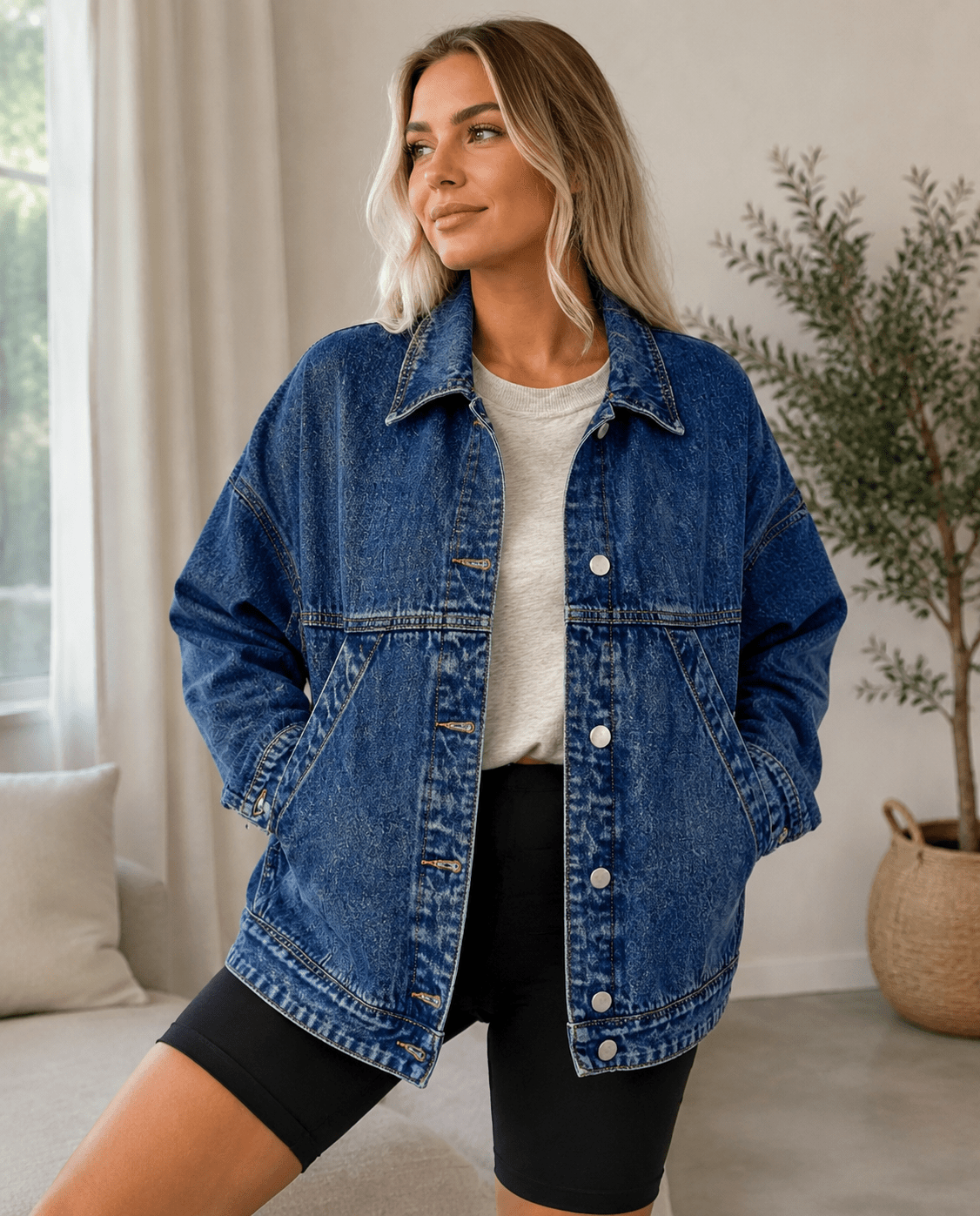 Women's Oversized Denim Shacket Jacket Button Front Long Sleeve Casual Washed Denim Overshirt with Pockets - Edin London