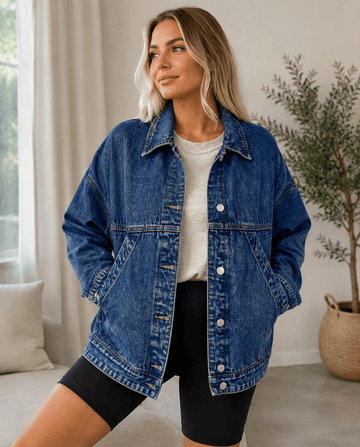 Women's Oversized Denim Shacket Jacket Button Front Long Sleeve Casual Washed Denim Overshirt with Pockets - Edin London