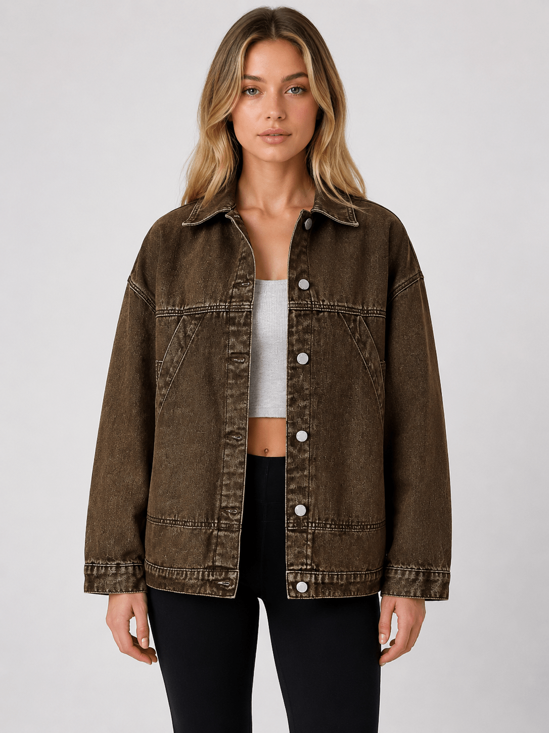 Women's Oversized Denim Shacket Jacket Button Front Long Sleeve Casual Washed Denim Overshirt with Pockets - Edin London