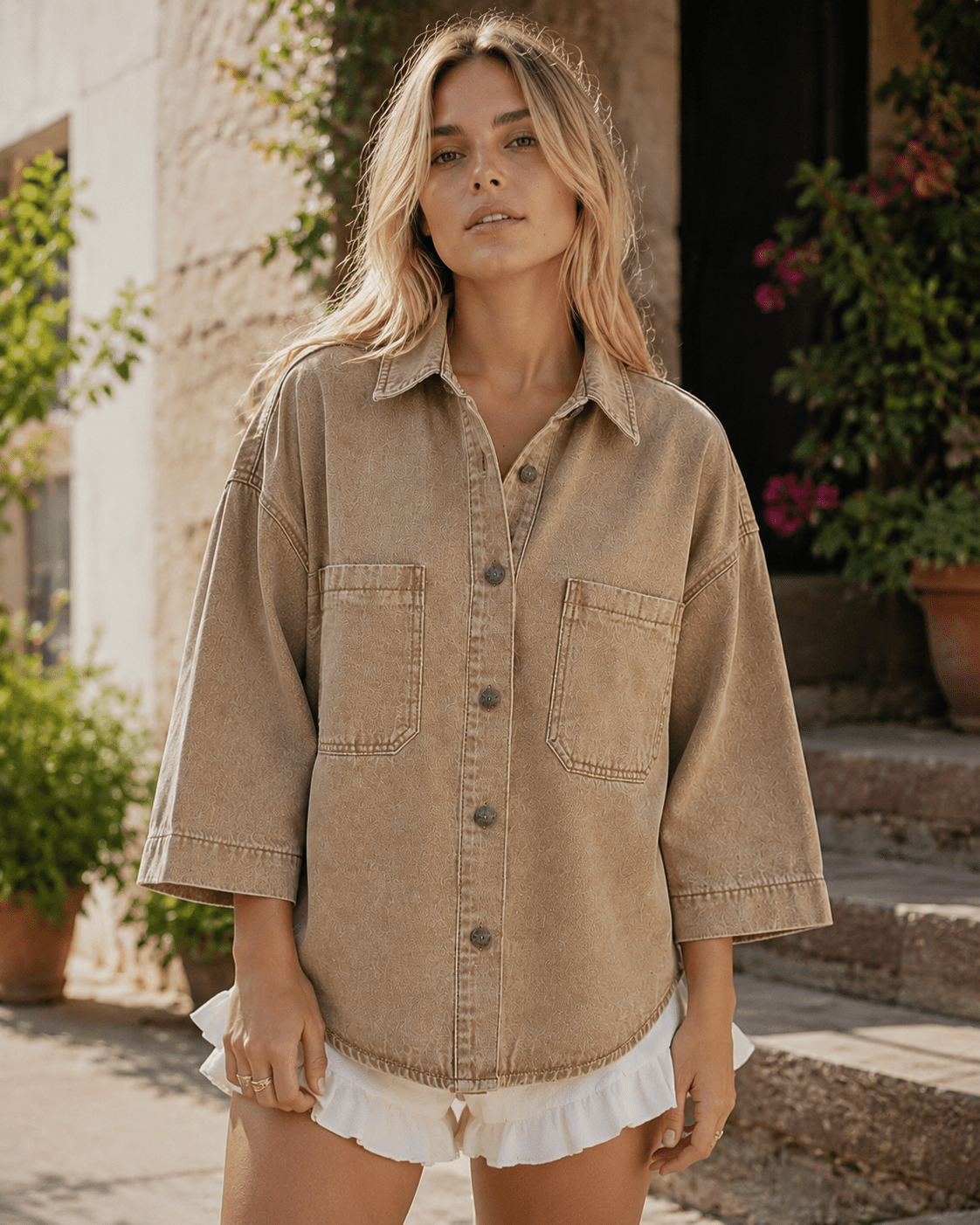 Women's Oversized Denim Shirt Casual Button Up Sleeve Washed Denim Blouse with Chest Pocket - Edin London