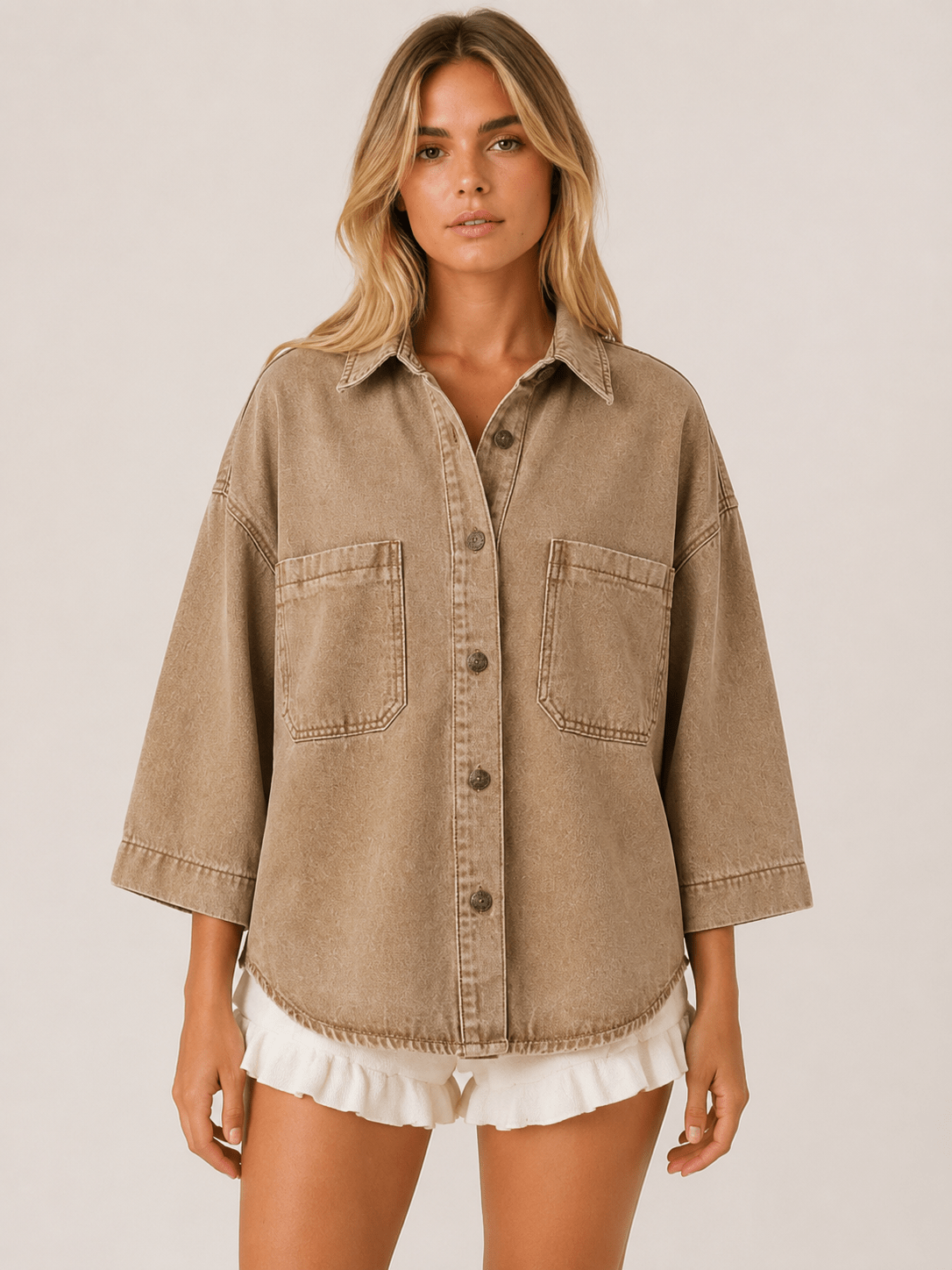 Women's Oversized Denim Shirt Casual Button Up Sleeve Washed Denim Blouse with Chest Pocket - Edin London