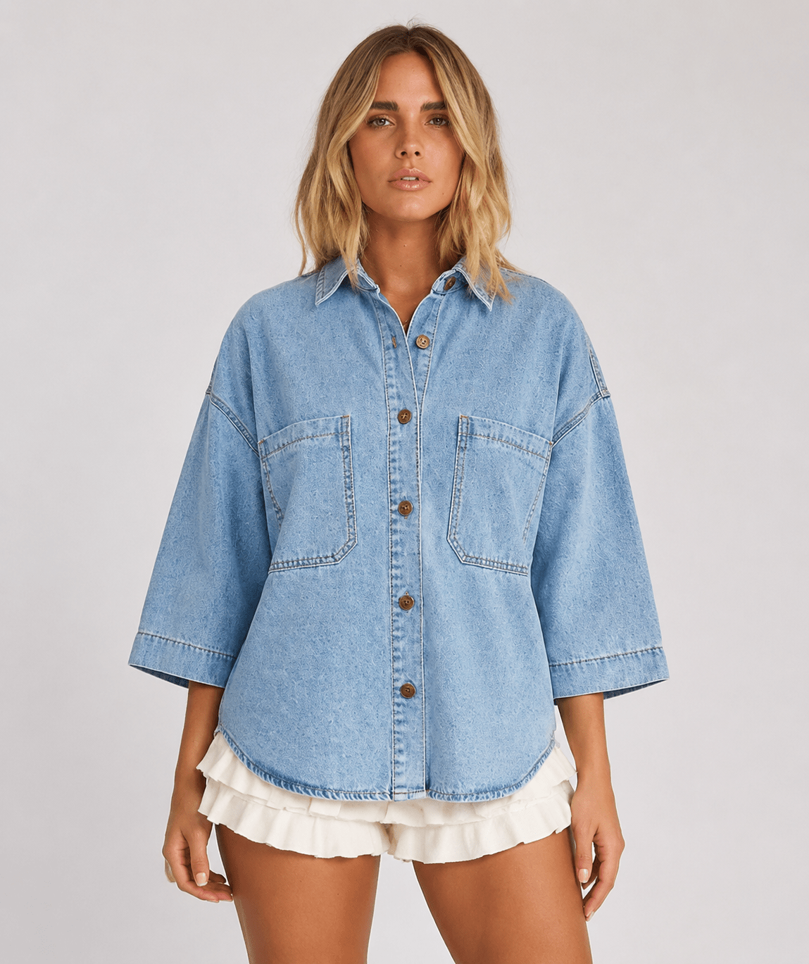 Women's Oversized Denim Shirt Casual Button Up Sleeve Washed Denim Blouse with Chest Pocket - Edin London