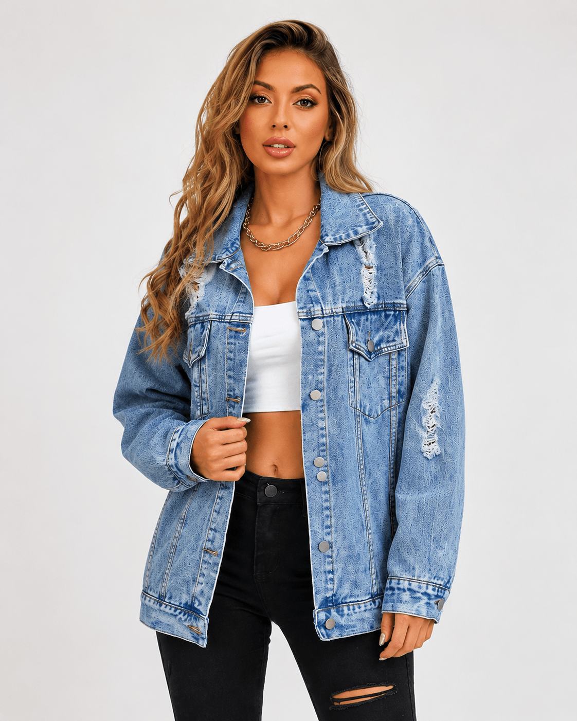 Women's Oversized Drop Shoulder Denim Jacket Casual Button Up Long Sleeve Jean Jacket with Flap Pockets - Edin London