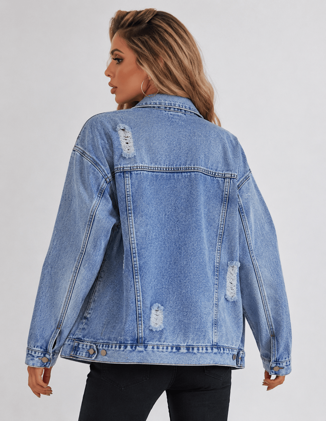 Women's Oversized Drop Shoulder Denim Jacket Casual Button Up Long Sleeve Jean Jacket with Flap Pockets - Edin London