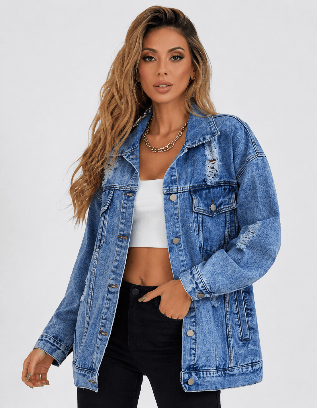 Women's Oversized Drop Shoulder Denim Jacket Casual Button Up Long Sleeve Jean Jacket with Flap Pockets - Edin London