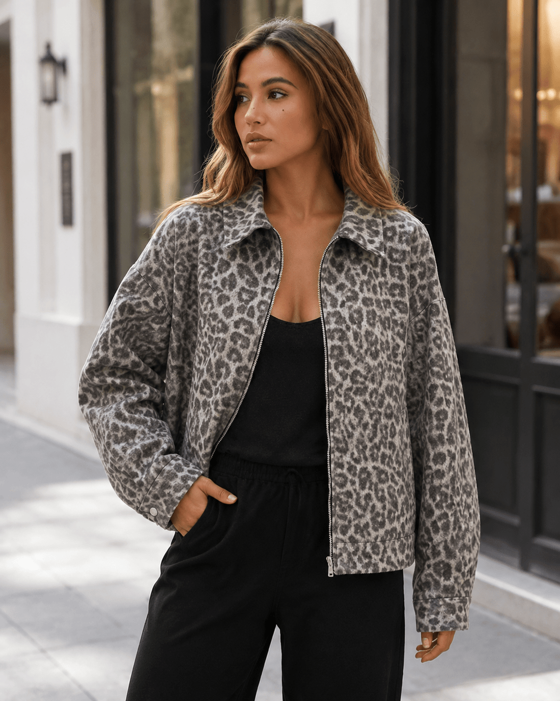 Women's Oversized Leopard Print Denim Jacket Casual Button Up Long Sleeve Shacket Coat - Edin London