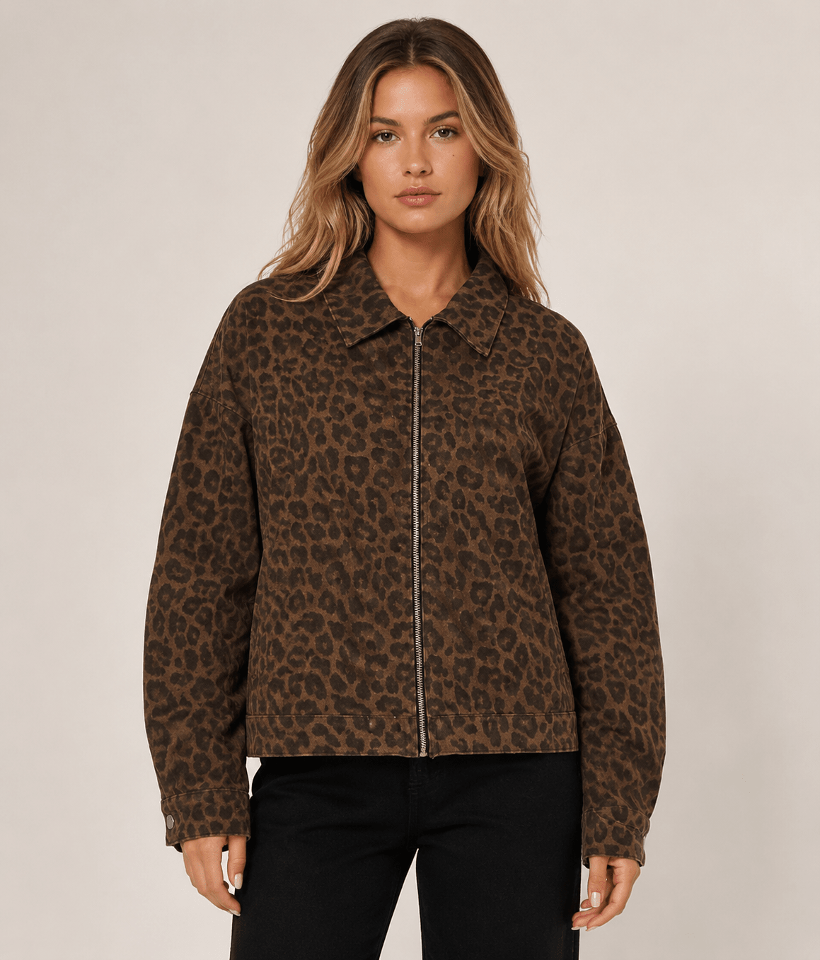 Women's Oversized Leopard Print Denim Jacket Casual Button Up Long Sleeve Shacket Coat - Edin London