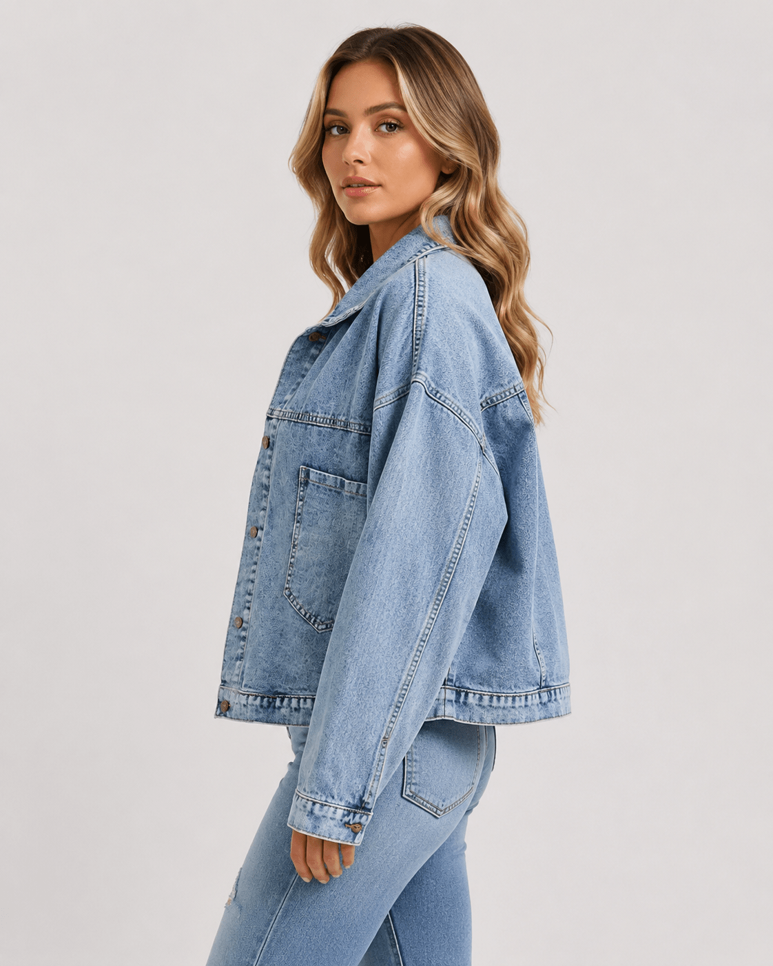 Women's Oversized Light Wash Denim Jacket Casual ButtonUp Long Sleeve Jean Jacket with Dual Flap Pockets - Edin London