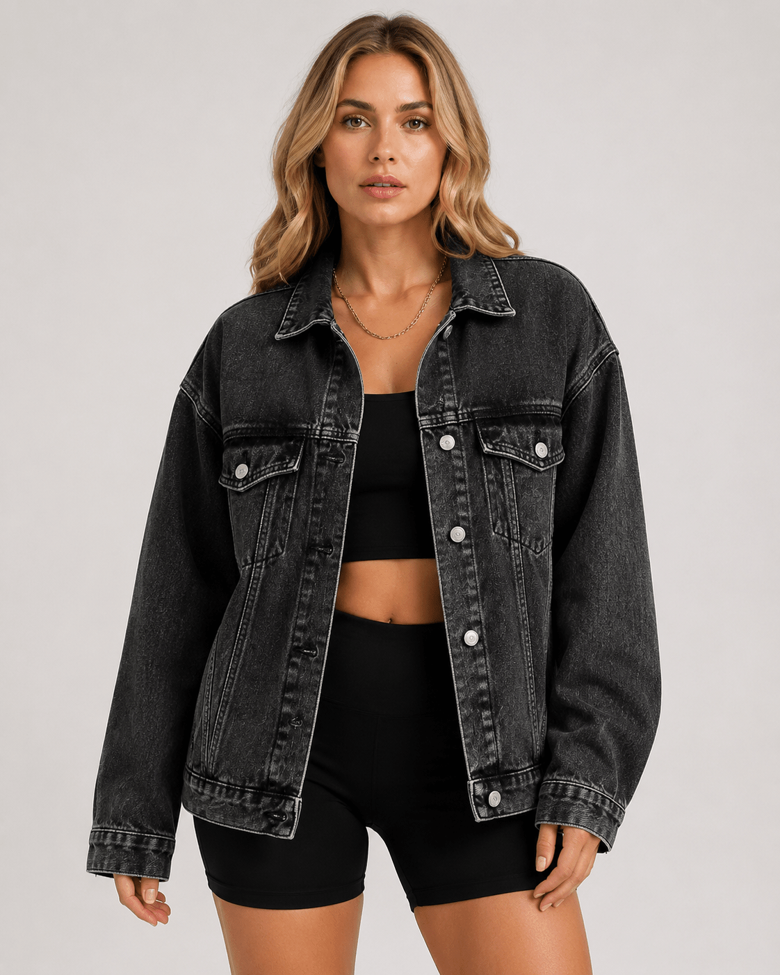 Women's Oversized Loose Fit Denim Jacket Casual Button Up Long Sleeve Denim Coat with Front Pockets - Edin London