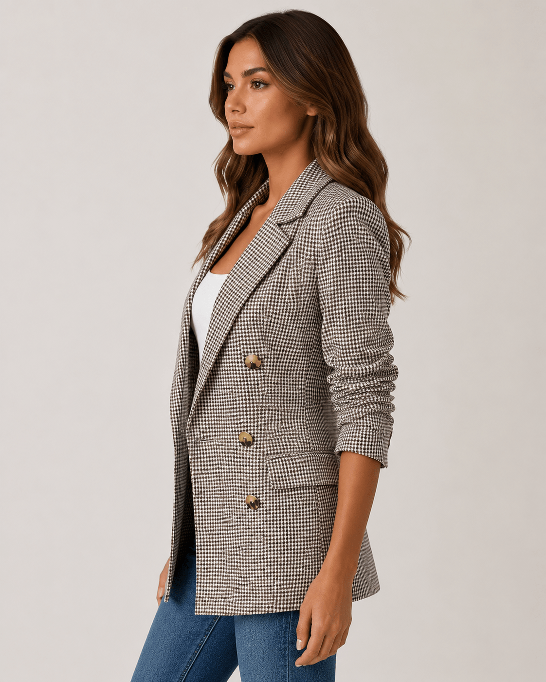 Women's Oversized Plaid Double Breasted Blazer Classic Long Sleeve Business Casual Jacket - Edin London