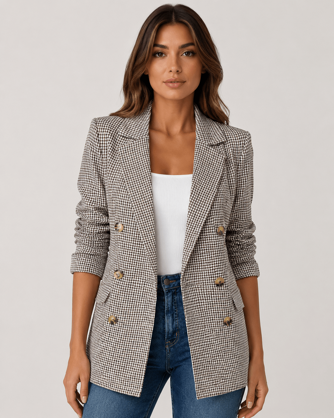 Women's Oversized Plaid Double Breasted Blazer Classic Long Sleeve Business Casual Jacket - Edin London