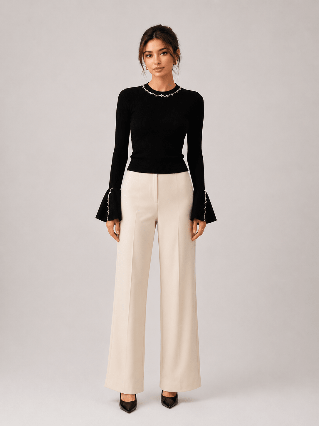 Women's Pearl Embellished Knit Sweater – Elegant Long Sleeve Round Neck Pullover Top - Edin London