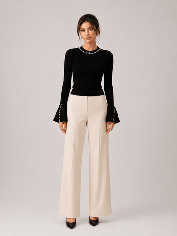 Women's Pearl Embellished Knit Sweater – Elegant Long Sleeve Round Neck Pullover Top - Edin London