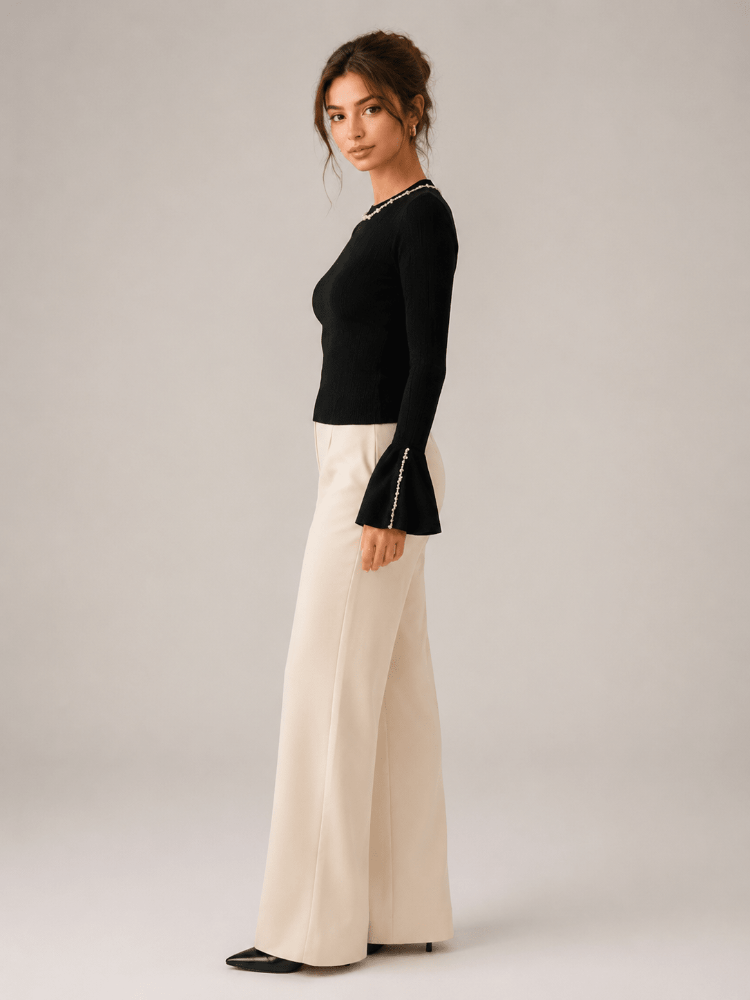 Women's Pearl Embellished Knit Sweater – Elegant Long Sleeve Round Neck Pullover Top - Edin London