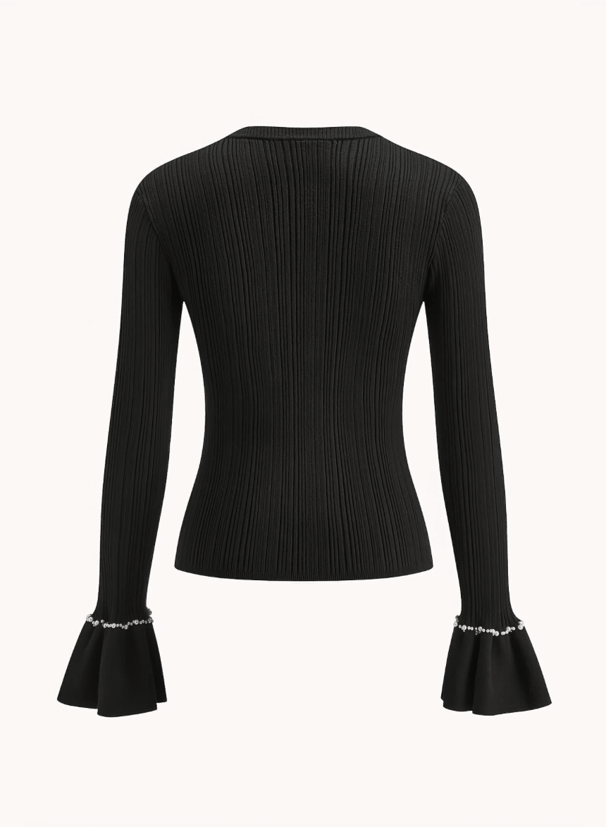 Women's Pearl Embellished Knit Sweater – Elegant Long Sleeve Round Neck Pullover Top - Edin London