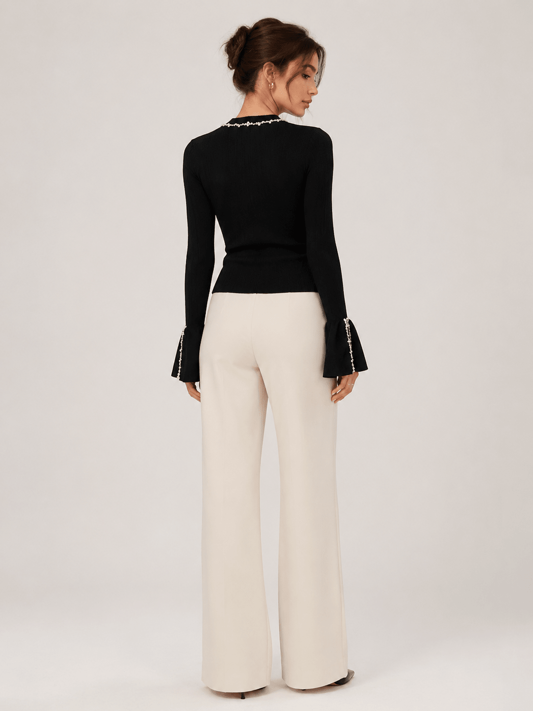 Women's Pearl Embellished Knit Sweater – Elegant Long Sleeve Round Neck Pullover Top - Edin London