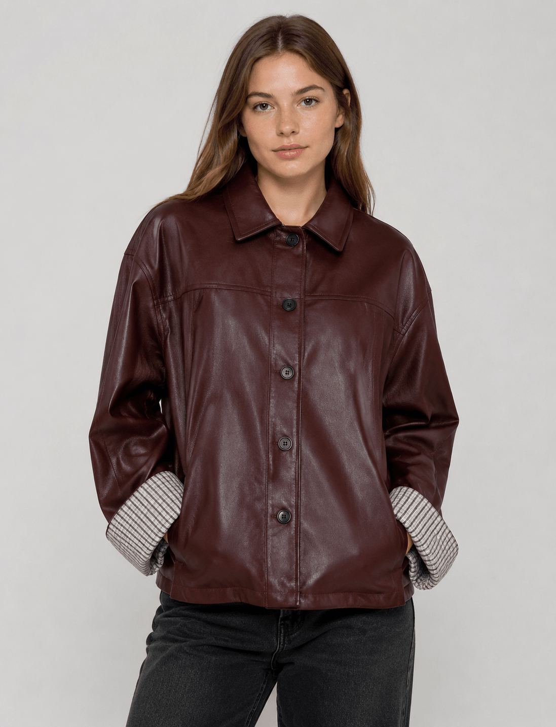 Women's Plaid Patchwork Jacket Oversized PU Leather Collar Button Up Casual Autumn Coat - Edin London