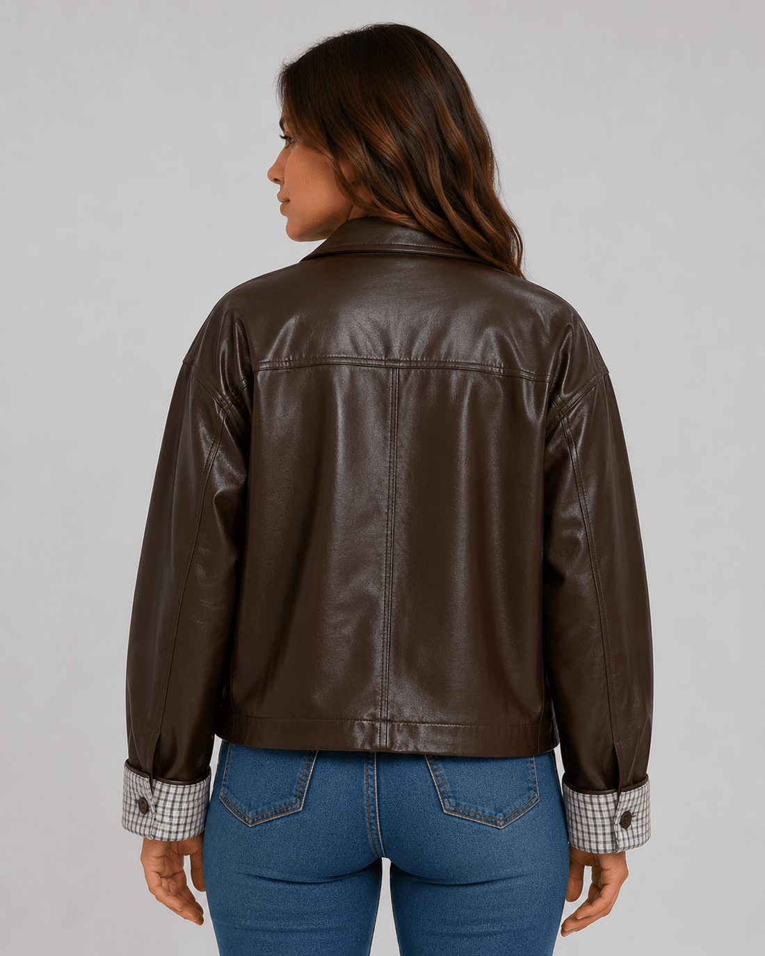 Women's Plaid Patchwork Jacket Oversized PU Leather Collar Button Up Casual Autumn Coat - Edin London
