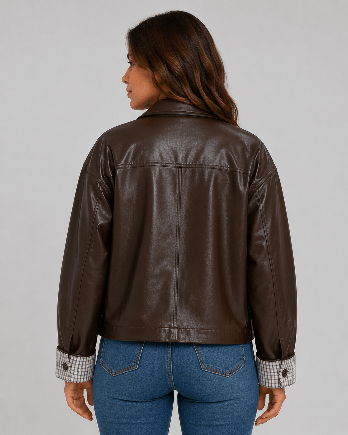 Women's Plaid Patchwork Jacket Oversized PU Leather Collar Button Up Casual Autumn Coat - Edin London