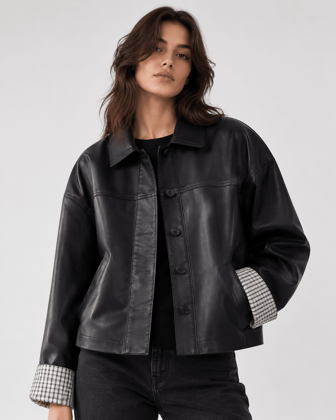 Women's Plaid Patchwork Jacket Oversized PU Leather Collar Button Up Casual Autumn Coat - Edin London