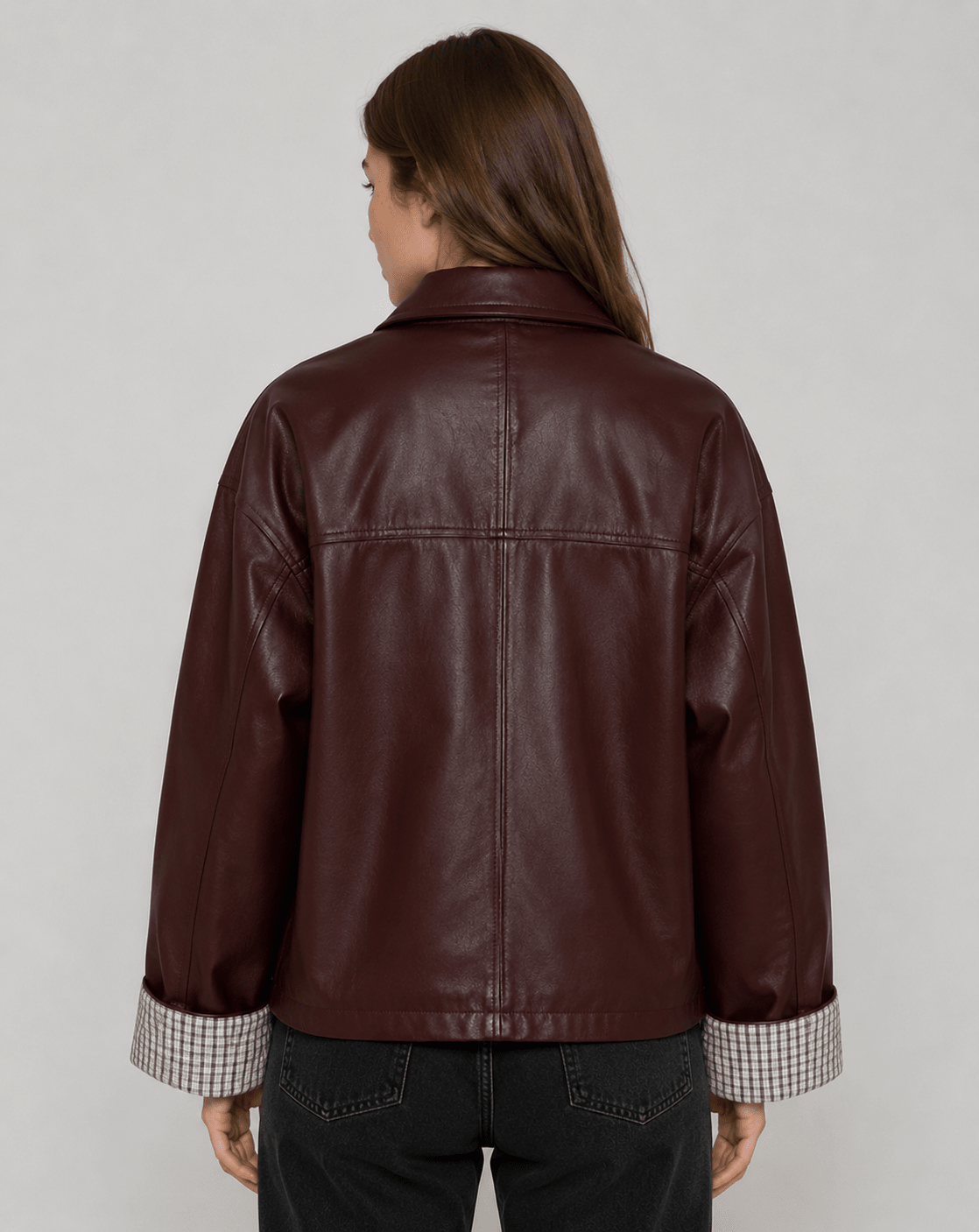 Women's Plaid Patchwork Jacket Oversized PU Leather Collar Button Up Casual Autumn Coat - Edin London